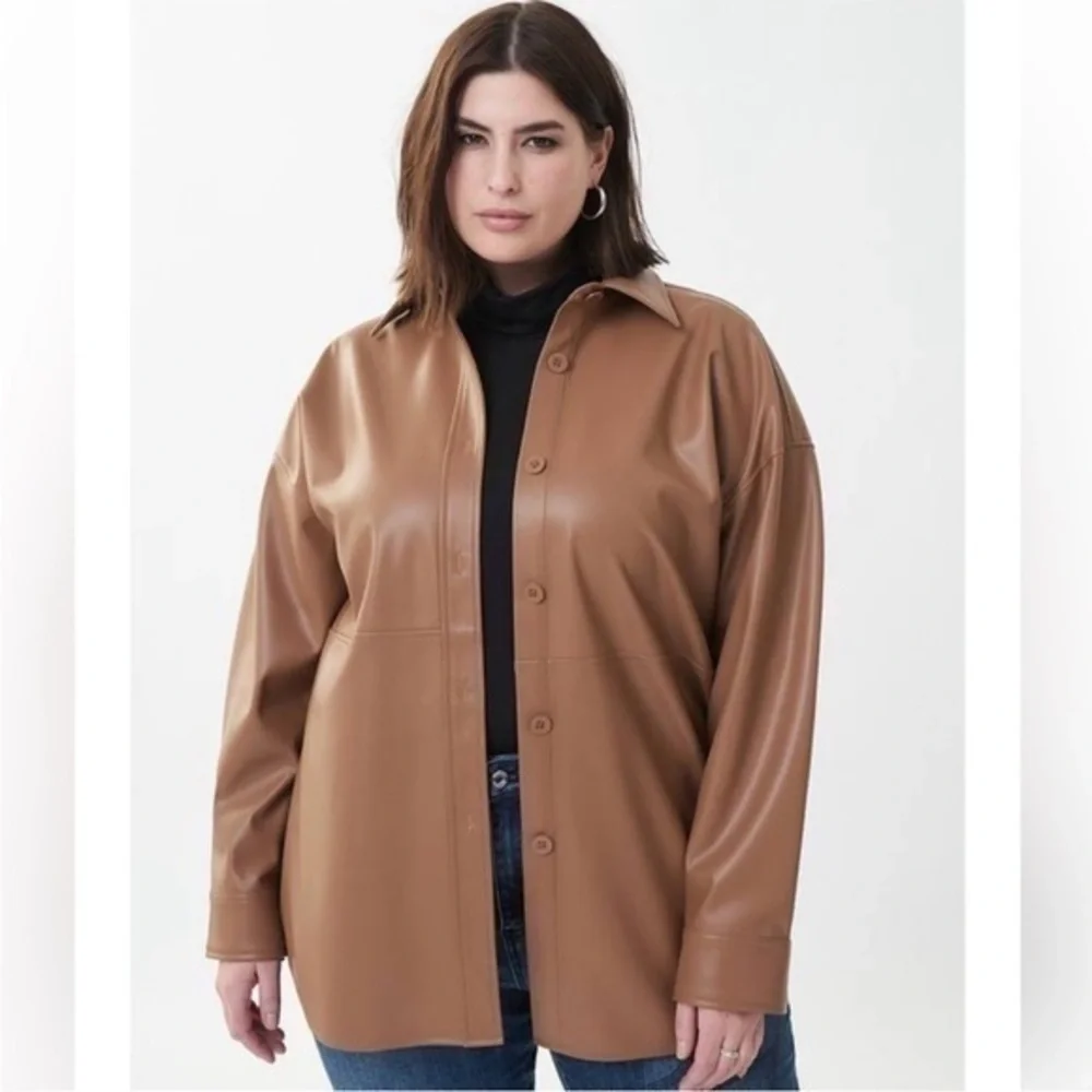 New Joseph Ribkoff | Tan Beige Button Down Vegan Leather Faux Leather Overshirt - Picture 2 of 9